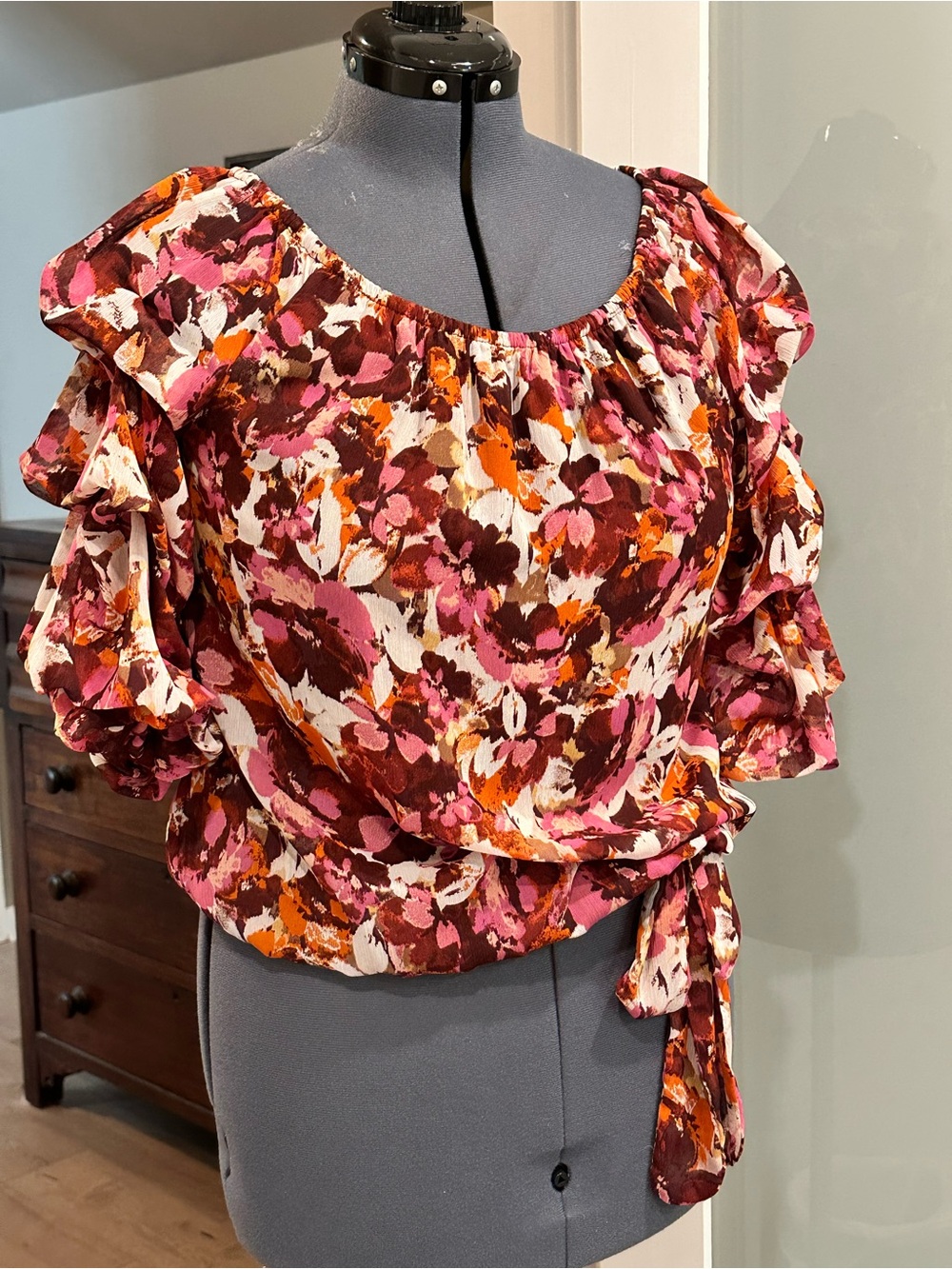 CeCe Pink Multi Floral Tie-Waist Ruffle Sleeve Blouse